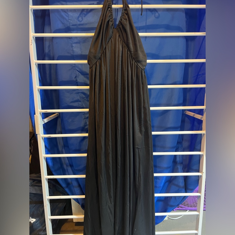 SOLD - Forever, 21 black stripy halter, silky, long dress